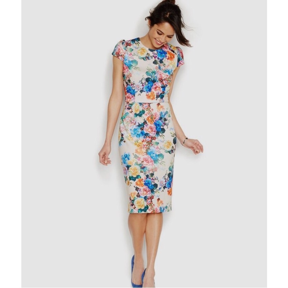 Betsy Johnson Floral Print Midi Scuba Sheath Dress